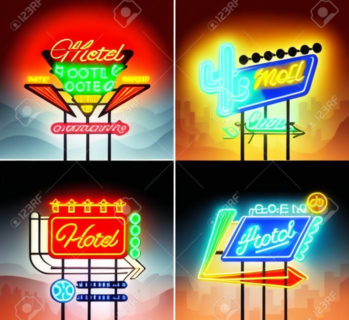 Hotel and Motel are collection of neon signs. Vector illustration. Collection of Retro signboards.