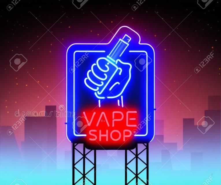 Vape shop neon sign, billboard vector illustration. Neon sign, a night glowing banner selling electronic cigarettes, night advertising vape store.