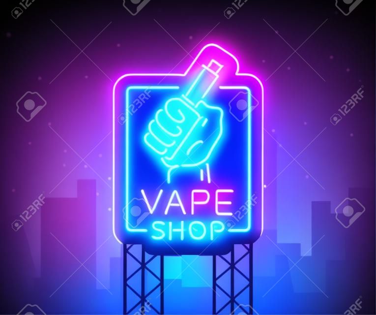 Vape shop neon sign, billboard vector illustration. Neon sign, a night glowing banner selling electronic cigarettes, night advertising vape store.