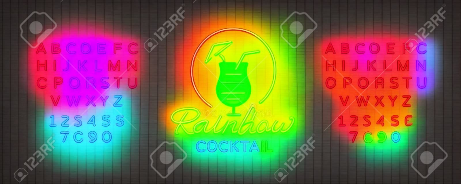 Cocktail logo in neon style. Rainbow Cocktail. Neon sign, Design template for drinks, alcoholic. Light banner, Bright advertising for cocktail bar, party. Vector illustration. Editing text neon sign.