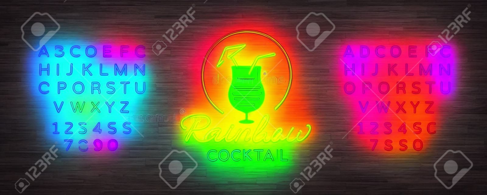 Cocktail logo in neon style. Rainbow Cocktail. Neon sign, Design template for drinks, alcoholic. Light banner, Bright advertising for cocktail bar, party. Vector illustration. Editing text neon sign.