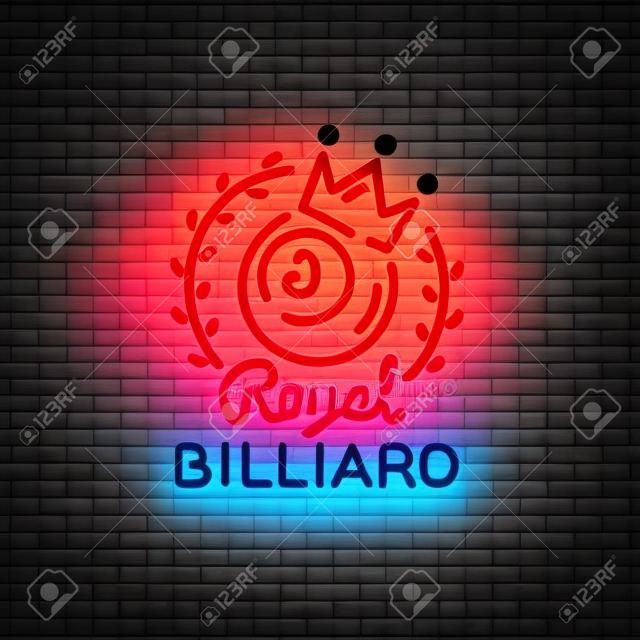 Insegna al neon da biliardo. Logo Royal Billiards in stile neon, banner leggero, modello di design emblema biliardo notturno, pubblicità luminosa vita notturna, elemento di design per i tuoi progetti. Illustrazione vettoriale