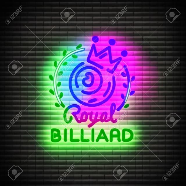 Insegna al neon da biliardo. Logo Royal Billiards in stile neon, banner leggero, modello di design emblema biliardo notturno, pubblicità luminosa vita notturna, elemento di design per i tuoi progetti. Illustrazione vettoriale