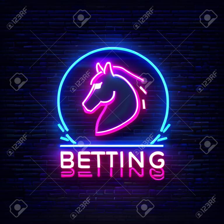 Horse Betting Neon Sign Vector. Horse Betting Logo in Neon Style, Design Template. Horse racing symbol, icon, emblem. Light banner, bright night advertising. Vector illustration