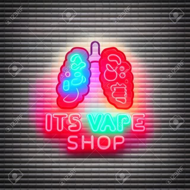Vape 상점 네온 사인 벡터. Vaping Store Logo Emblem Neon, 폐와 과일이있는 Vape Shop 개념, 금연. 인쇄 및 광고 티셔츠를위한 트렌디 한 디자이너 요소. 벡터