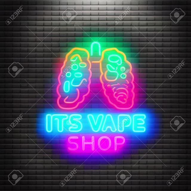 Vape商店霓虹灯标志矢量。 Vaping商店徽标标志霓虹灯，其Vape商店概念与肺和水果，与吸烟作斗争。印刷和广告t恤的时尚设计师元素。向量