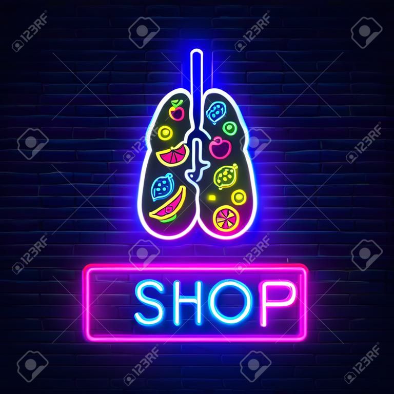Vape 상점 네온 사인 벡터. Vaping Store Logo Emblem Neon, 폐와 과일이있는 Vape Shop 개념, 금연. 인쇄 및 광고 티셔츠를위한 트렌디 한 디자이너 요소. 벡터
