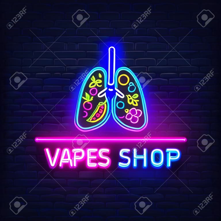 Vape shop neon jel vektor. Vaping Store embléma Neon, annak Vape Shop koncepciója a tüdőkkel és gyümölcsökkel, a dohányzás elleni küzdelemben. Divatos dizájner elemek nyomtatott és reklámozott pólókhoz. Vektor