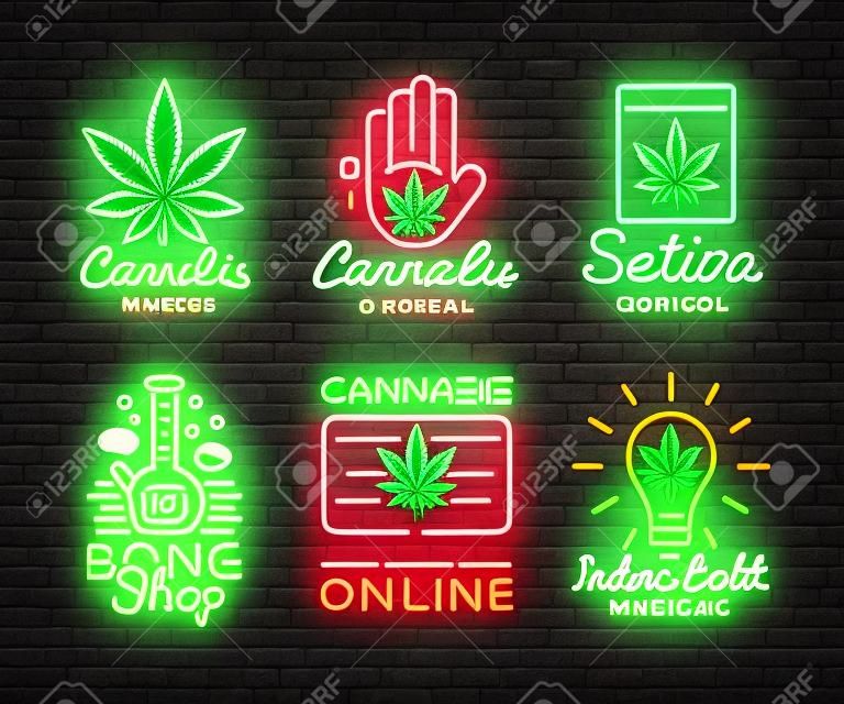 Marijuana Medical Logos Grande coleção Neon Vector. Conceito de design Cannabis Online, Bong Shop, Indica, Sativa, armazenamento e crescimento de equipamentos médicos canabino, banner de luz. Ilustração vetorial