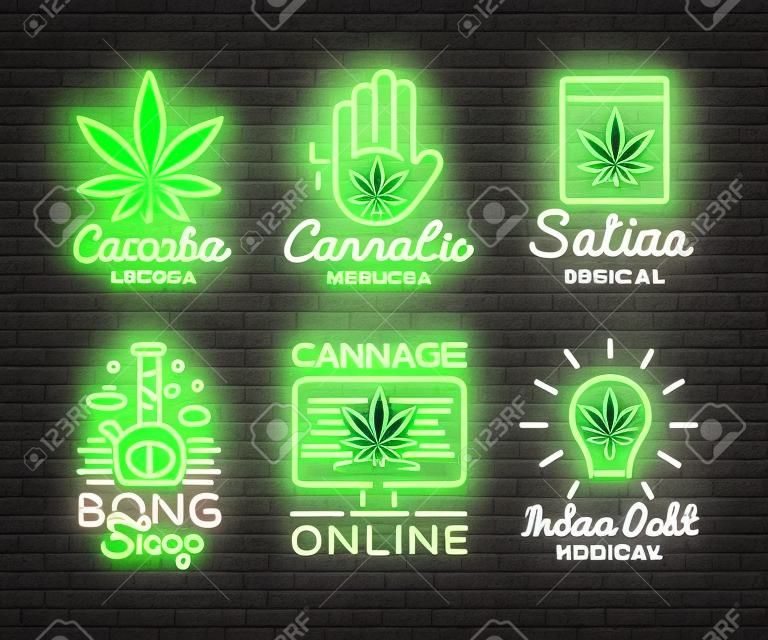 Marijuana Medical Logos Grande coleção Neon Vector. Conceito de design Cannabis Online, Bong Shop, Indica, Sativa, armazenamento e crescimento de equipamentos médicos canabino, banner de luz. Ilustração vetorial