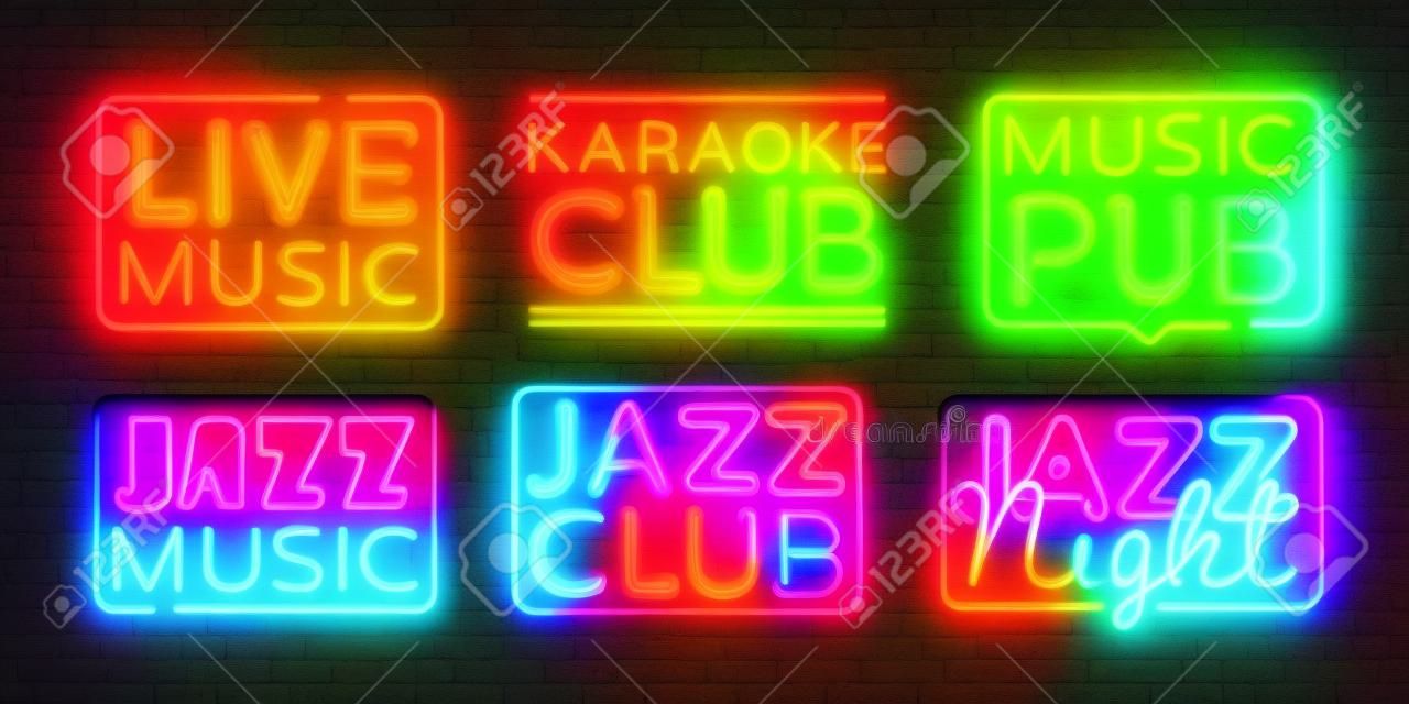 Grande coleção de música ao vivo neon sinais vector. Jazz música modelo de design sinal de néon, bandeira de luz, placa de néon, publicidade brilhante noturna, inscrição de luz. Ilustração vetorial