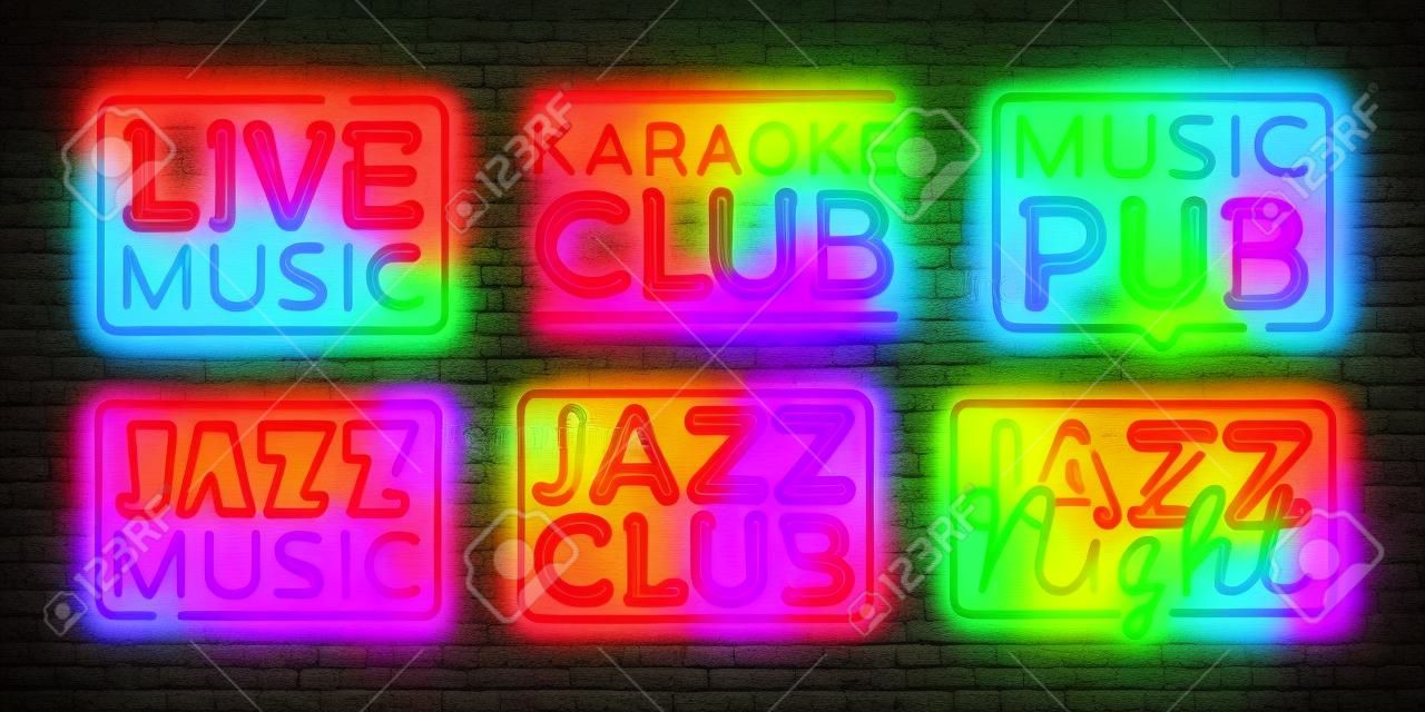 Big collection Live Music neon signs vector. Jazz Music design template neon sign, light banner, neon signboard, nightly bright advertising, light inscription. Vector illustration