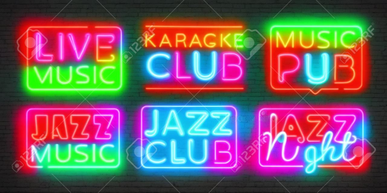Big collection Live Music neon signs vector. Jazz Music design template neon sign, light banner, neon signboard, nightly bright advertising, light inscription. Vector illustration