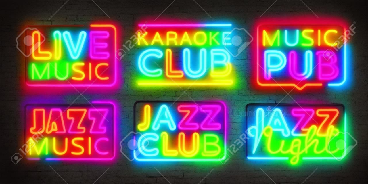 Grote collectie Live Muziek neon tekens vector. Jazz Muziek ontwerp template neon bord, lichte banner, neon bord, nachtelijke heldere reclame, lichte inscriptie. Vector illustratie