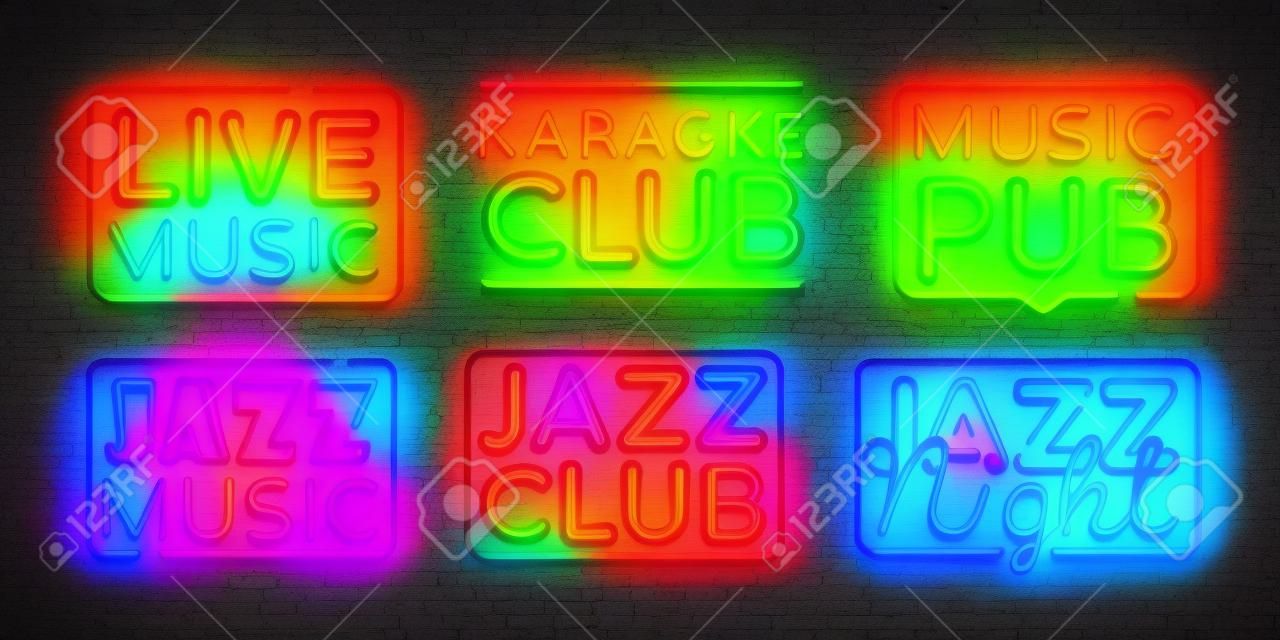 Grande coleção de música ao vivo neon sinais vector. Jazz música modelo de design sinal de néon, bandeira de luz, placa de néon, publicidade brilhante noturna, inscrição de luz. Ilustração vetorial