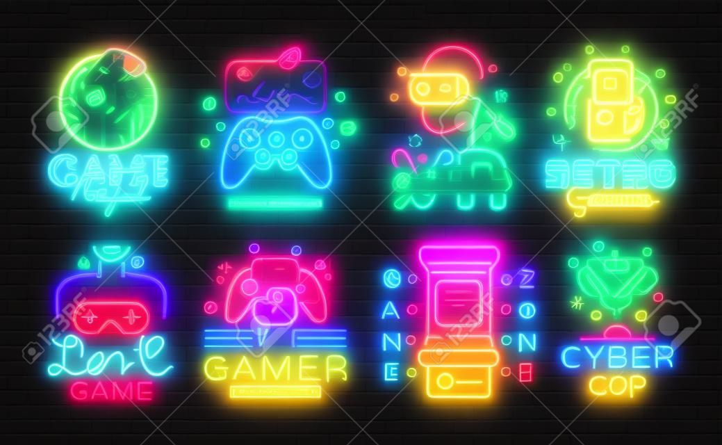 大集合視頻遊戲徽標矢量概念霓虹燈。視頻遊戲會徽設計模板，現代趨勢設計，明亮的矢量圖，促銷遊戲，輕橫幅。向量