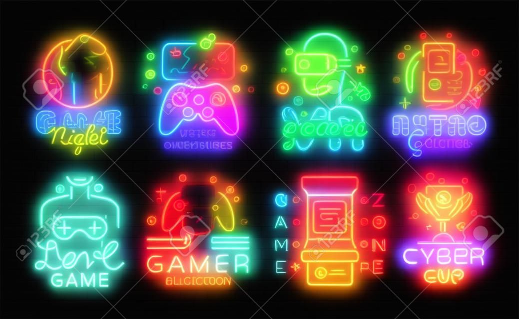 Nagy gyűjtemény videojátékok logók vektor fogalmi neon jelek. Videojátékok emblémák tervezősablon, modern trend tervezés, világos vektoros illusztráció, promóciós játékok, könnyű szalagcím. Vektor