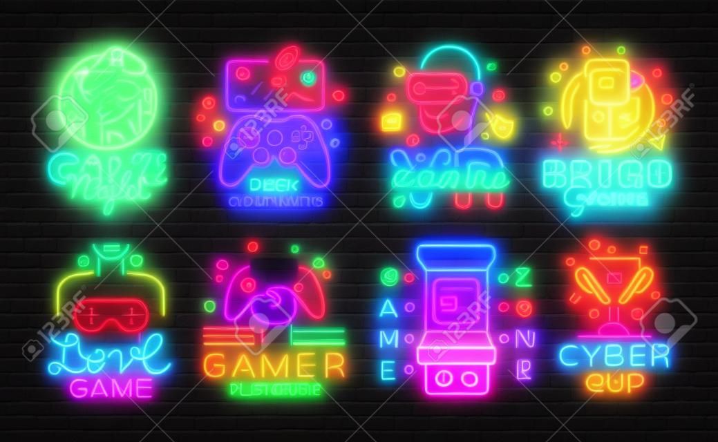 大集合视频游戏徽标矢量概念霓虹灯。视频游戏会徽设计模板，现代趋势设计，明亮的矢量图，促销游戏，轻横幅。向量