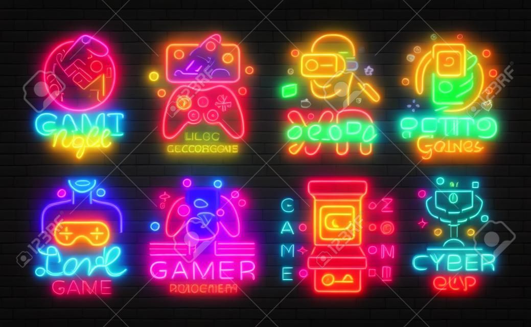 大集合視頻遊戲徽標矢量概念霓虹燈。視頻遊戲會徽設計模板，現代趨勢設計，明亮的矢量圖，促銷遊戲，輕橫幅。向量