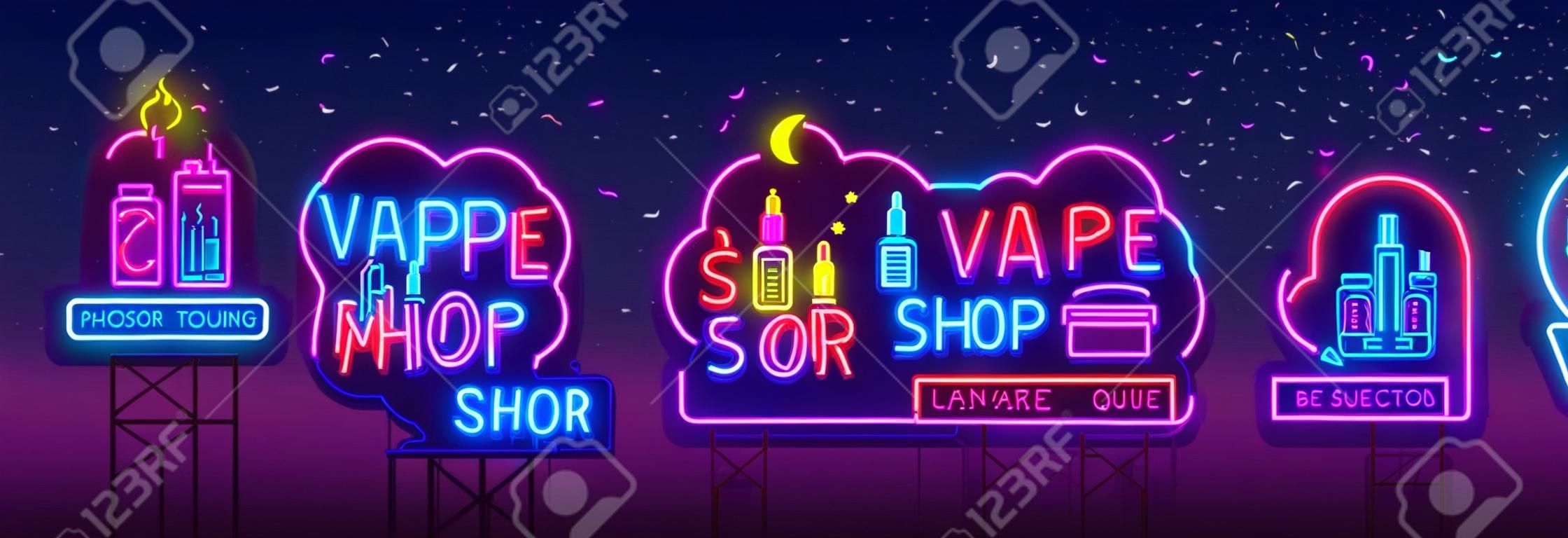 Vape shop neon sign collection vector. Vaping Store Logos set Emblem Neon, Its Vape Shop Concept Vapor Town, Rainbow E-liquids. Trendy designer elements for advertising. Vector Billboards