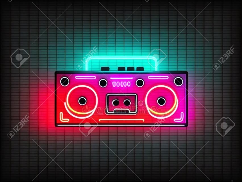 Gravador de fita neon signboard vector. Retro Music néon brilhante símbolo, retro estilo 80-90s Light Banner, ícone de néon, elemento de design. Ilustração vetorial.