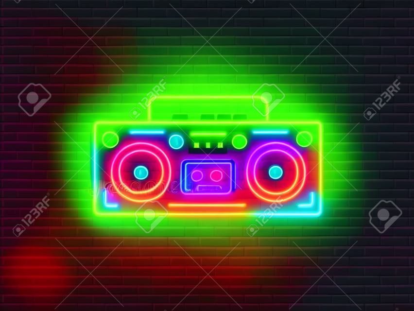 Neonschildvektor des Bandrekorders. Neon leuchtendes Retro-Musiksymbol, Retro-Stil 80-90s Lichtbanner, Neonikone, Gestaltungselement. Vektorillustration.