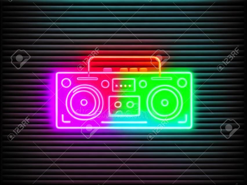 Магнитофон неоновая вывеска вектор. Ретро-музыка неоновый светящийся символ, ретро-стиль 80-90-х годов световое знамя, неоновая икона, элемент дизайна. Векторная иллюстрация.