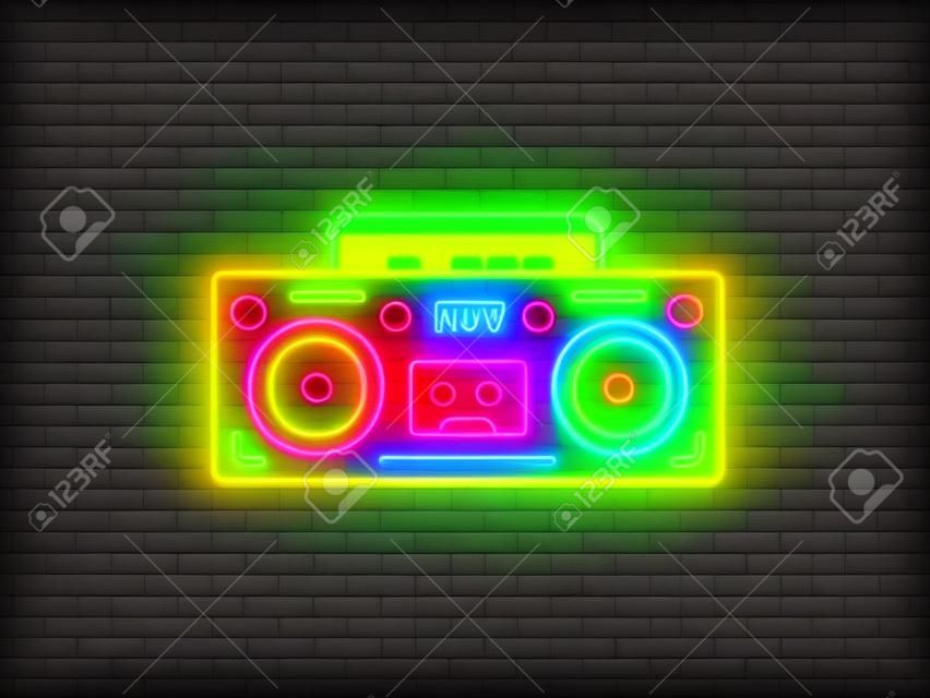 Teyp kaydedici neon tabela vektör. Retro Müzik neon parlayan sembol, Retro Stil 80-90'lar Işık Banner, neon simgesi, tasarım öğesi. Vektör çizim.