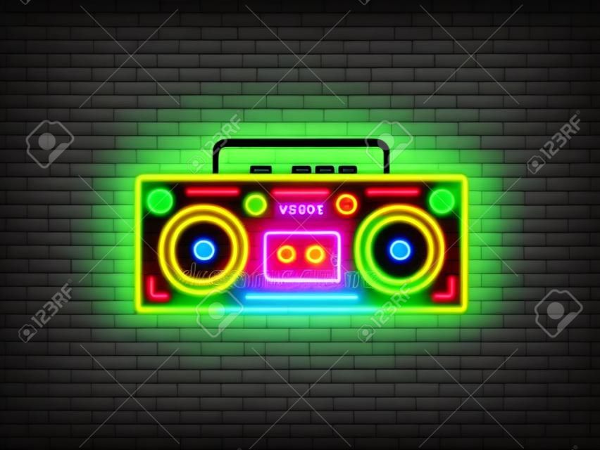 Magnetofon neon szyld wektor. Retro Music neon świecący symbol, lekki baner w stylu retro lat 80-90, ikona neonowa, element projektu. Ilustracji wektorowych.