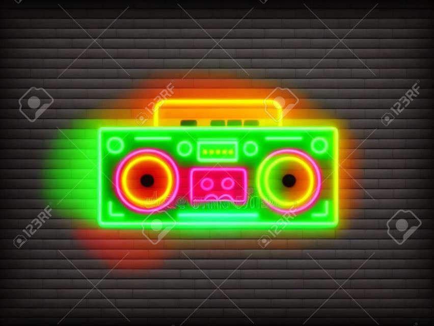 テープレコーダーネオン看板ベクトル。レトロミュージックネオン光るシンボル、レトロスタイル80-90年代ライトバナー、ネオンアイコン、デザイン要素。ベクターの図。