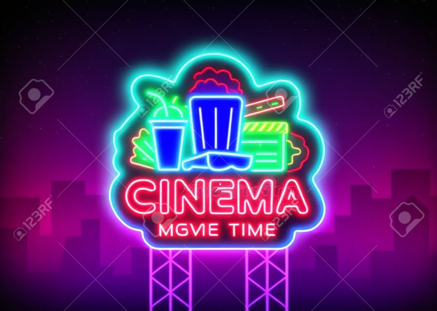 Movie Time Neon Logo vettoriale. Insegna al neon di notte del cinema, modello di progettazione, design di tendenza moderno, insegna al neon di notte, pubblicità della luce notturna, banner luminoso, arte leggera. Illustrazione vettoriale. Tabellone.