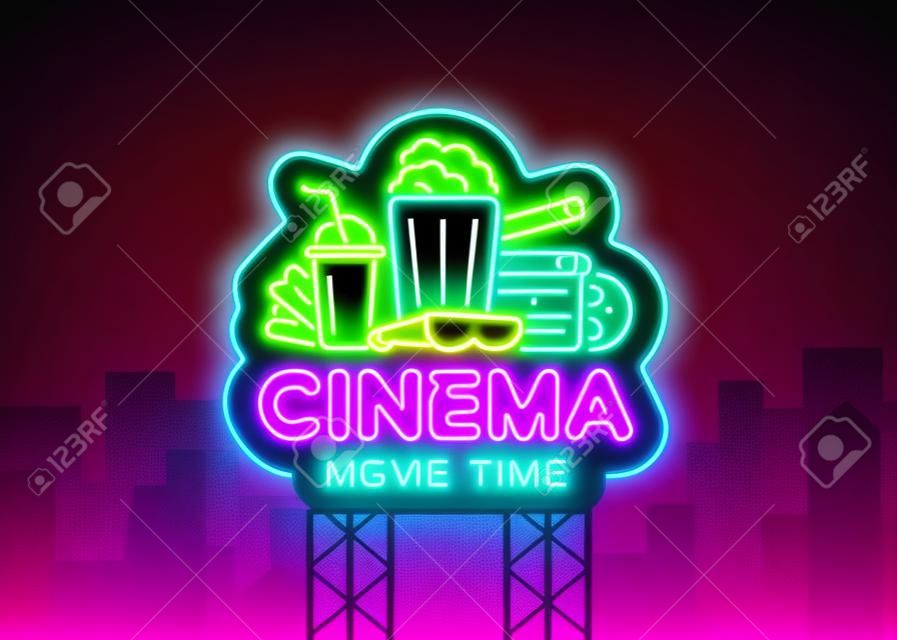 Movie Time Neon Logo Vector. Cinema Night neon sign, design template, modern trend design, night neon signboard, night light advertising, light banner, light art. Vector illustration. Billboard.