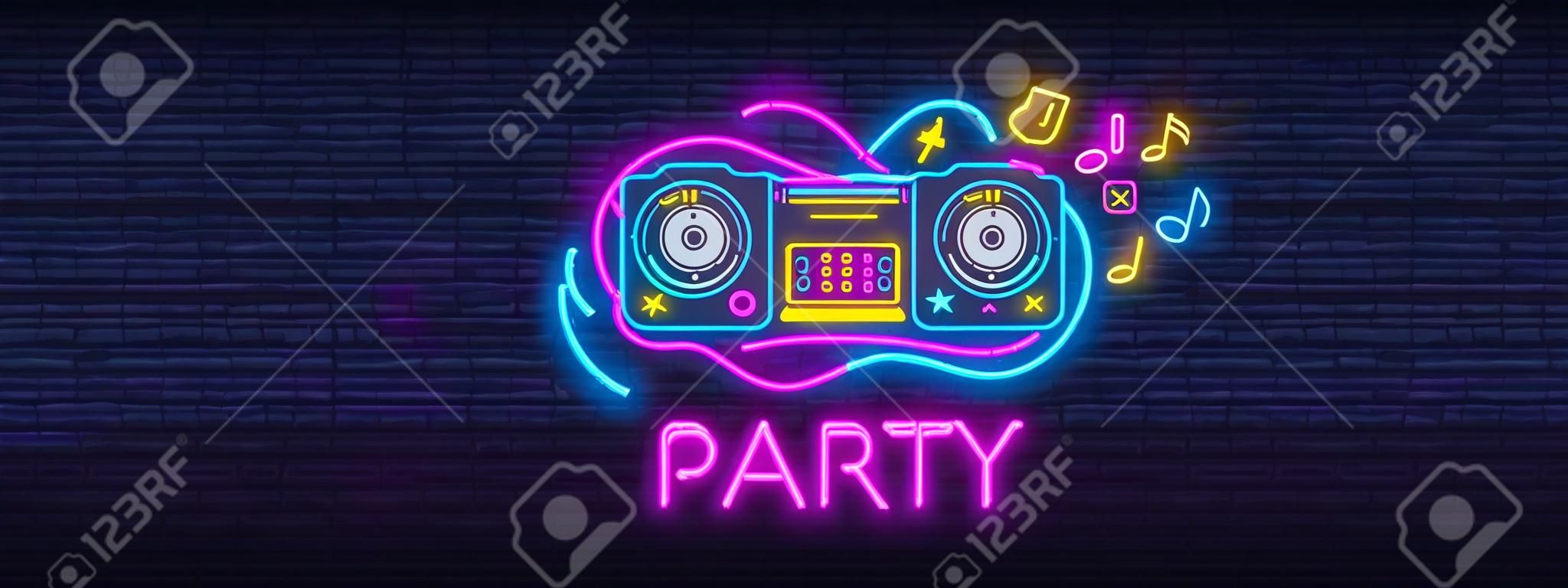 DJ Music Party neon teken collectie vector ontwerp template. DJ Concept van muziek, radio en live concert, neon poster, licht banner ontwerp element kleurrijk, nacht helder reclame.