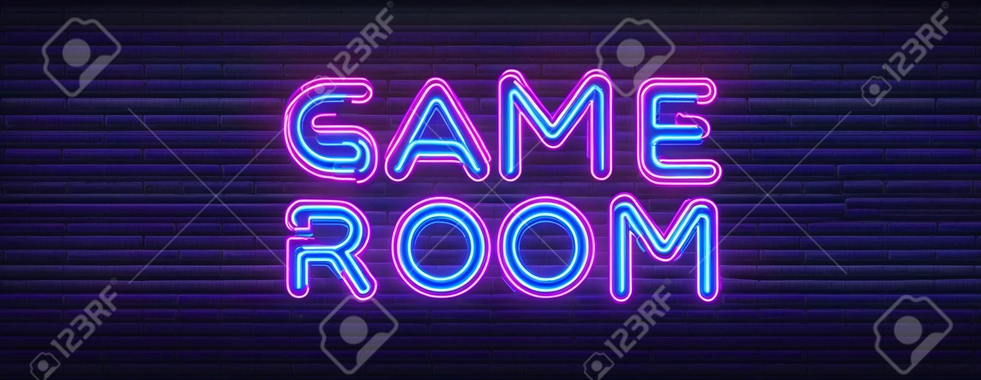 Game Room Neon Text Vector. Gaming neon sign, design template, modern trend design, night signboard, night bright advertising, light banner, light art. Vector illustration. Editing text neon sign