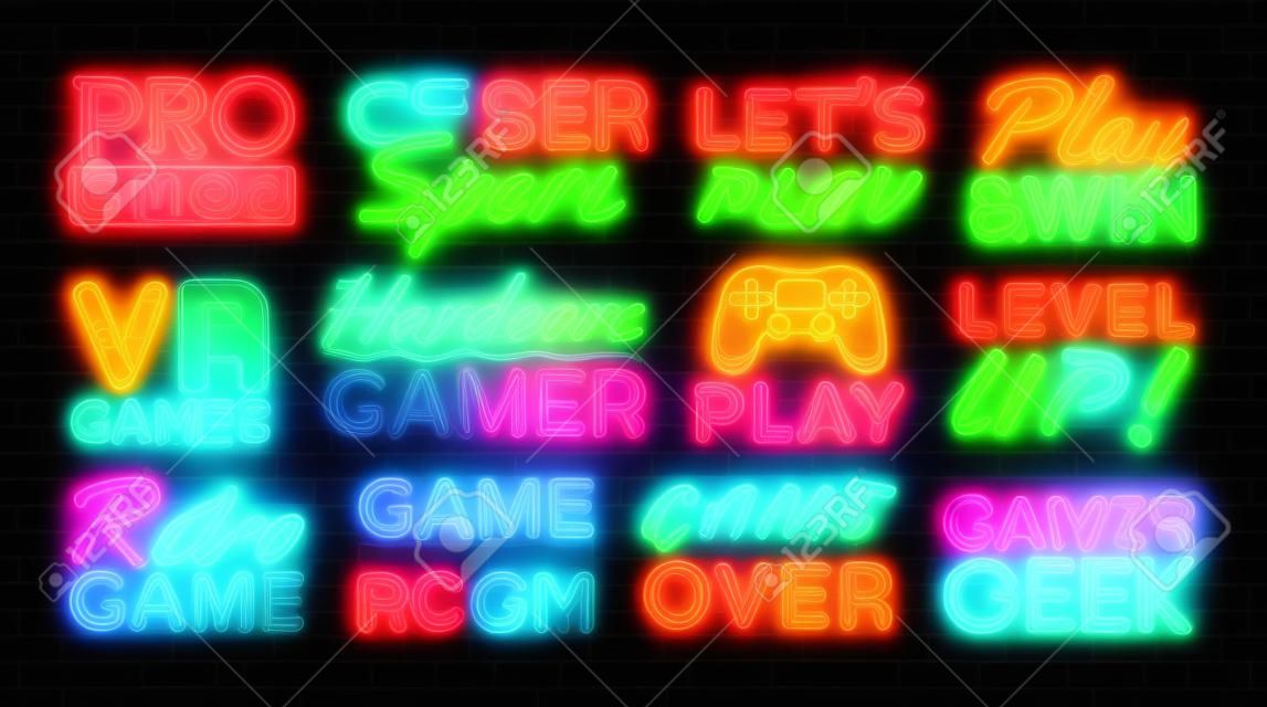 Gaming neon borden set design template. Big Collection Game Signs neon, licht banner design element kleurrijke moderne design trend, nacht heldere reclame, helder teken. Vector illustratie.