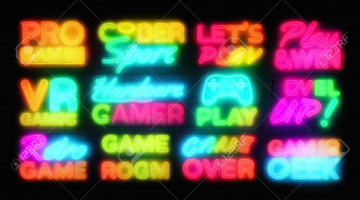 Gaming neon signs set design template. Big Collection Game Signs neon, light banner design element colorful modern design trend, night bright advertising, bright sign. Vector illustration.