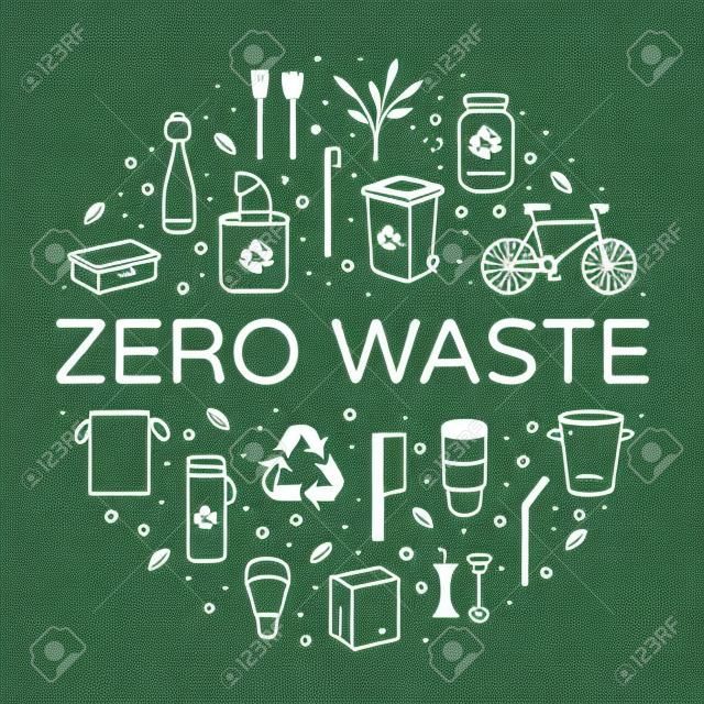 Zero Waste logo design template set. No Plastic and Go Green concept in circle form. Vector eco lifestyle sign and symbol collection. Color line icon illustration of  Refuse Reduce Reuse Recycle Rot