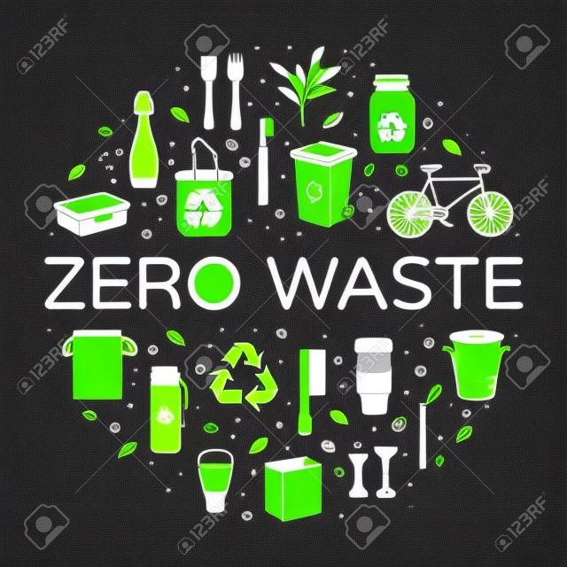 Zero Waste logo design template set. No Plastic and Go Green concept in circle form. Vector eco lifestyle sign and symbol collection. Color line icon illustration of  Refuse Reduce Reuse Recycle Rot