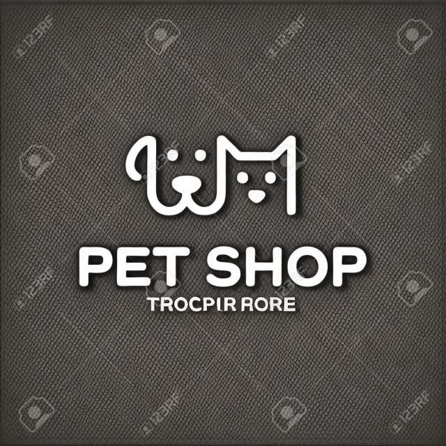 Vector Pet Shop logo design template. Black and white animal icon label for store, veterinary clinic, hospital, shelter, business services. Vet illustration background with dog and cat heads