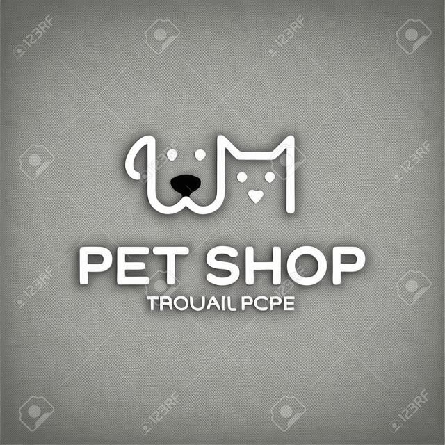 Modello di progettazione del logo del negozio di animali di vettore. Etichetta con icona animale in bianco e nero per negozio, clinica veterinaria, ospedale, rifugio, servizi alle imprese. Sfondo dell'illustrazione del veterinario con teste di cane e gatto