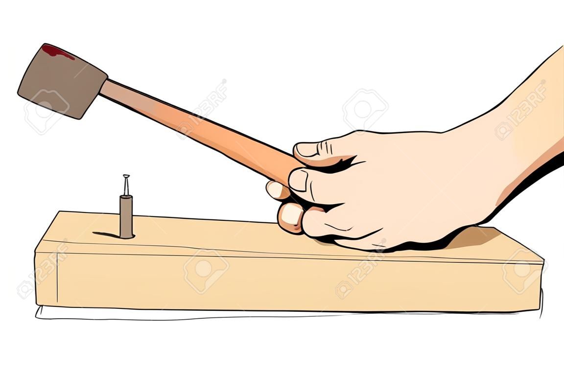 Man hammering nail into board. Man hands with hammer and nail isolated on white background. Icon - hands with hammer and nail