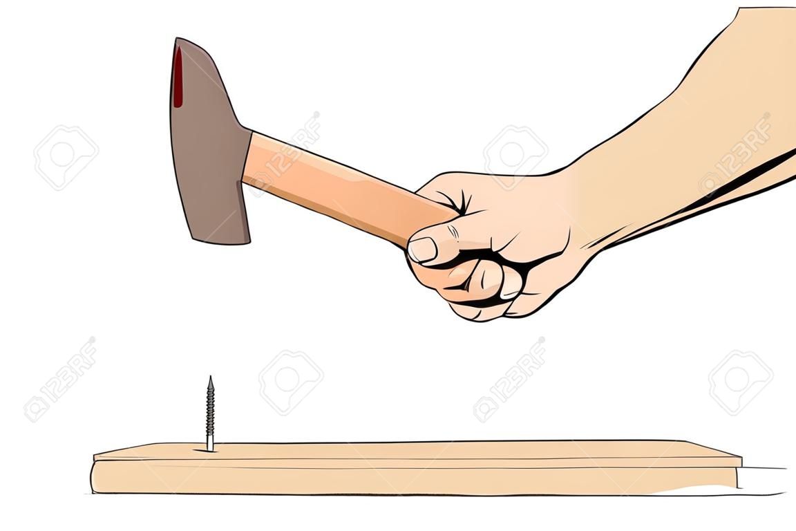 Man hammering nail into board. Man hands with hammer and nail isolated on white background. Icon - hands with hammer and nail