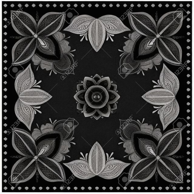 Black and white abstract bandana print with element henna style. Square pattern design for pillow, carpet, rug. Design for silk neck scarf, kerchief, hanky