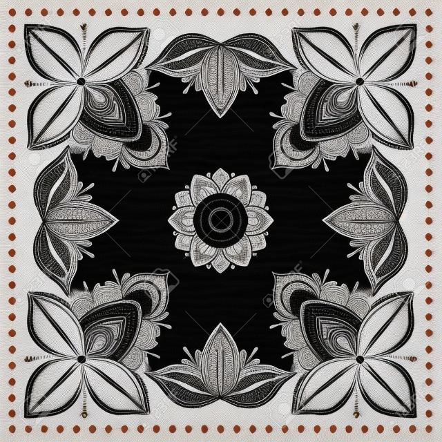 Black and white abstract bandana print with element henna style. Square pattern design for pillow, carpet, rug. Design for silk neck scarf, kerchief, hanky