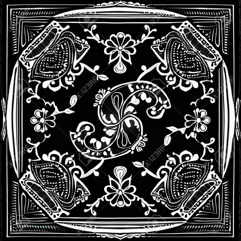 Impressão de bandana abstrata preto e branco com estilo henna elemento. Design de padrão quadrado para travesseiro, tapete, tapete. Design para lenço de pescoço de seda, lenço, lenço