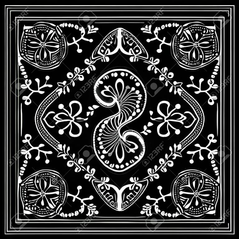 Impressão de bandana abstrata preto e branco com estilo henna elemento. Design de padrão quadrado para travesseiro, tapete, tapete. Design para lenço de pescoço de seda, lenço, lenço
