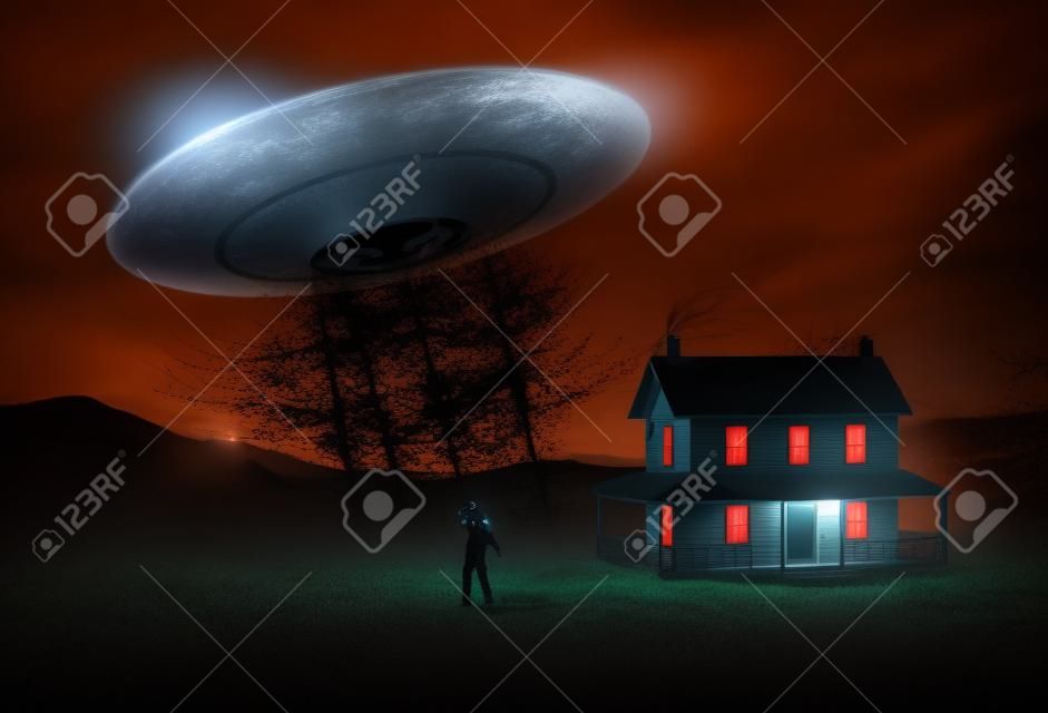 UFO の外転。1 つの不気味な夜彼の家の前に拉致されている人。