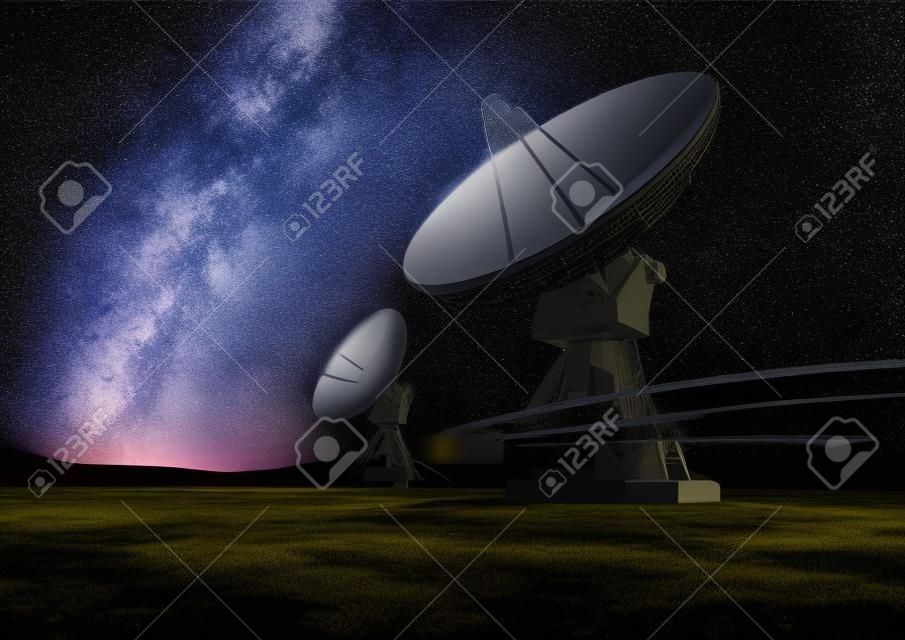 Astronomía matrices de espacio profundo de radio telescopio en la noche apuntando hacia el espacio. La Vía Láctea produce el fondo. Ilustración.