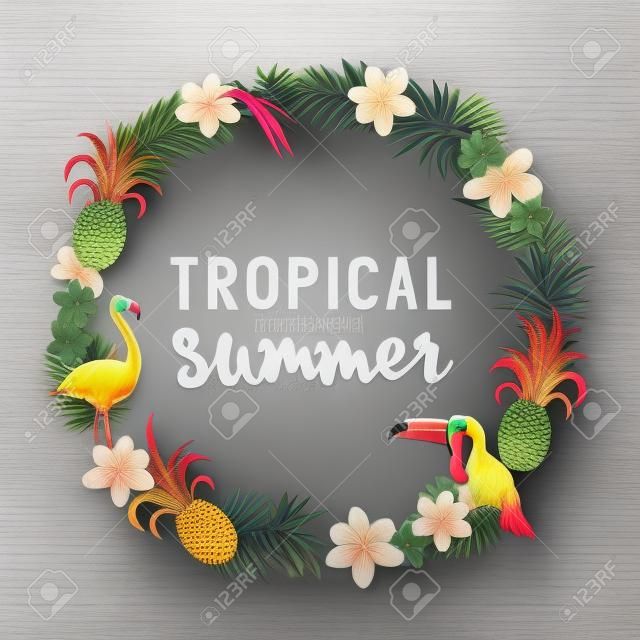 Tropischer Kranz. Einschließlich Flamingo, Palmen, Tukane, Paradiesvogel Blumen und Ananas.
