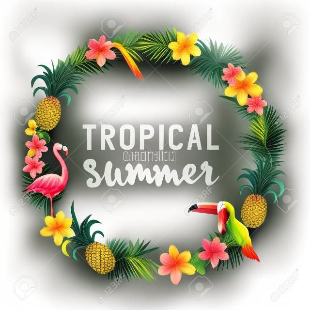 Tropical Wreath. Including flamingo, Palms, Toucans, Bird of paradise flowers and pineapples.